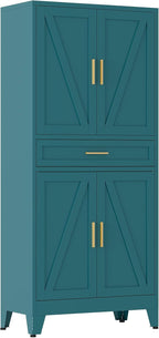 QINPTWUT 71" Farmhouse Pantry Cabinet in Blue, with 4 Doors & Center Drawer, Tall Food Cabinet with Adjustable Shelves, Freestanding Steel Cupboard for Kitchen, Dining Room, Pantry, Garage