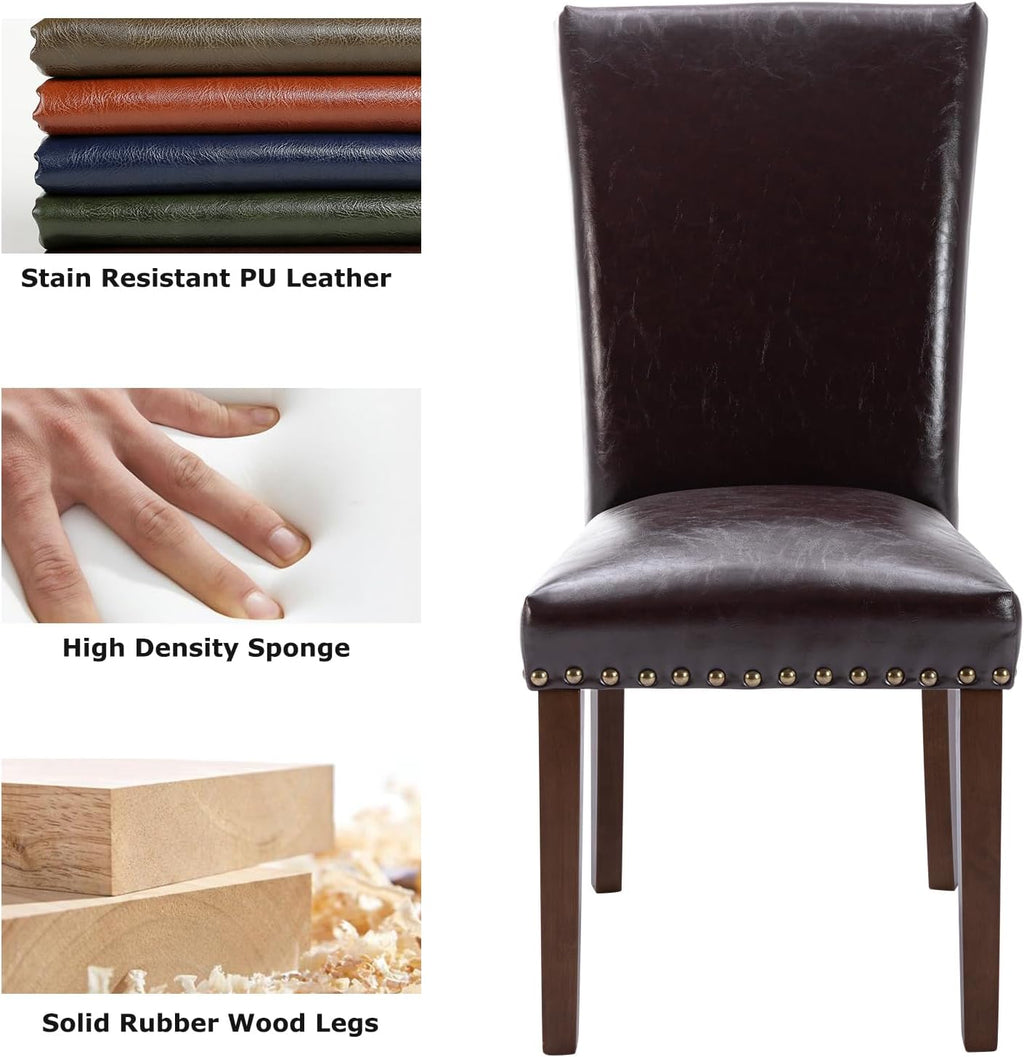 COLAMY Upholstered Parsons Dining Chairs Set of 4, PU Leather Dining Room Kitchen Side Chair with Nailhead Trim and Wood Legs - Dark Brown