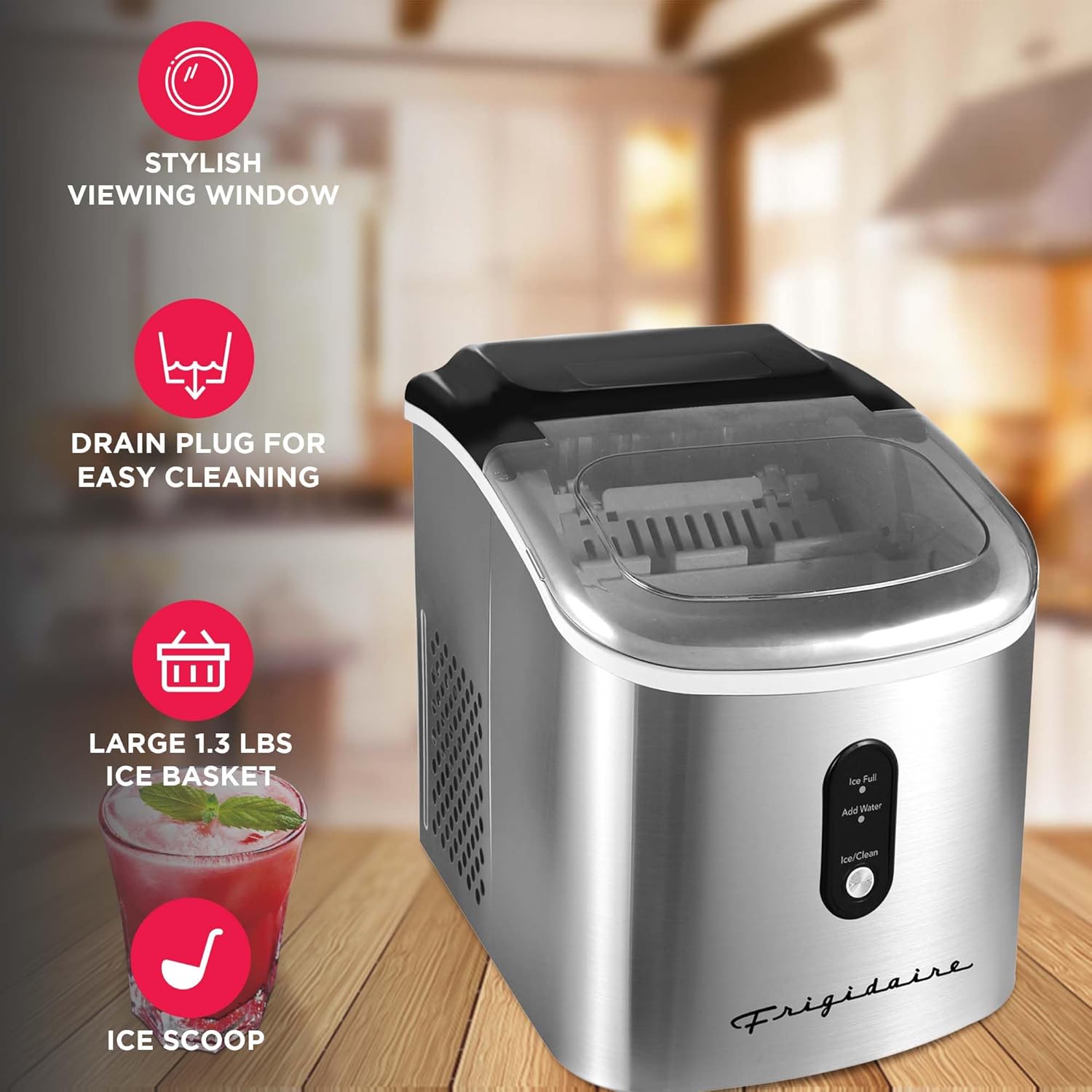 Frigidaire Stainless Steel Ice Maker Machine - Heavy Duty - Makes 26 lbs of Clear Ice Per Day - Digital LED Control Panel - Transparent Window - 1.2 Quart Water Reservoir - Stainless Steel