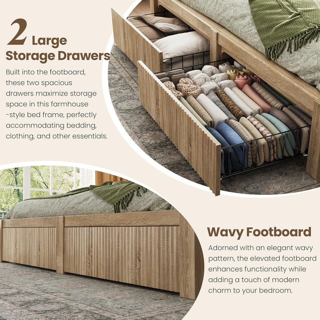 CypBed King Size Bed Frame with 2 Storage Drawers, Charging Port & LED Light, Wood King Bed Frame and 2-Tier Headboard,Farmhouse Wavy Design, Metal Platform, Noise-Free, No Box Spring Needed, Wood