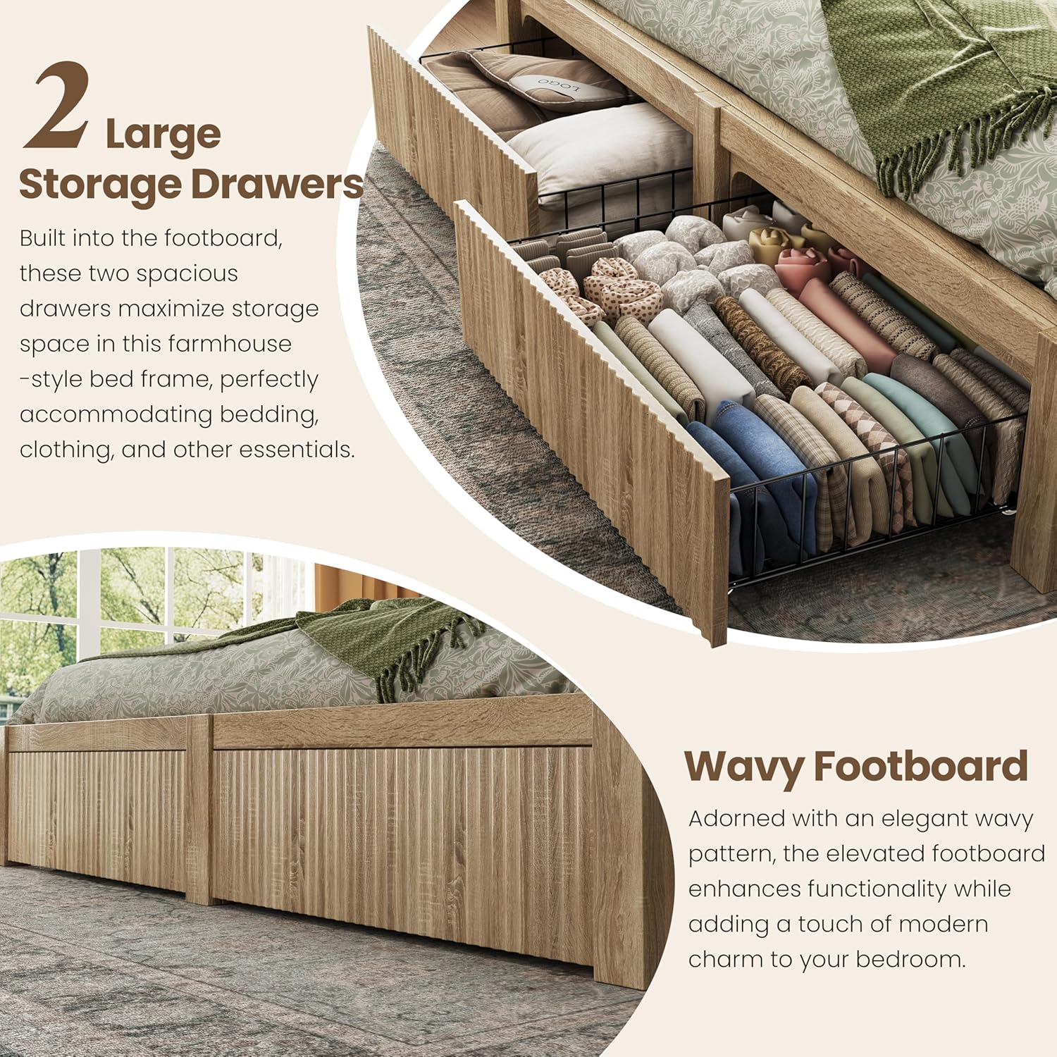 CypBed King Size Bed Frame with 2 Storage Drawers, Charging Port & LED Light, Wood King Bed Frame and 2-Tier Headboard,Farmhouse Wavy Design, Metal Platform, Noise-Free, No Box Spring Needed, Wood