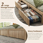 CypBed King Size Bed Frame with 2 Storage Drawers, Charging Port & LED Light, Wood King Bed Frame and 2-Tier Headboard,Farmhouse Wavy Design, Metal Platform, Noise-Free, No Box Spring Needed, Wood