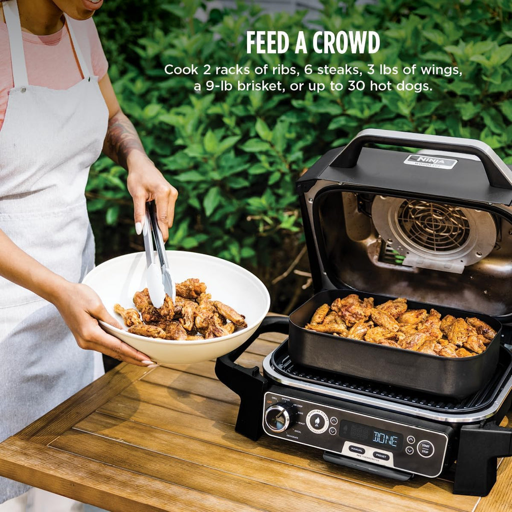 Ninja OG751 Woodfire Pro Outdoor Grill Built-In Thermometer 7-in-1 Master Grill BBQ Smoker & Outdoor Air Fryer Plus Bake Roast Dehydrate & Broil Woodfire Technology Weather-Resistant Grey XL