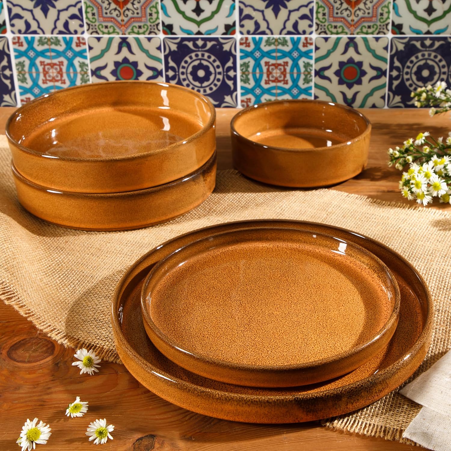 Bloomhouse - Two Time Oprah's Favorite Things Winner - Santorini Mist Double Bowl Terracotta Reactive Glaze Plates and Bowls Dinnerware Set - Amber, Service for Four (16pcs)
