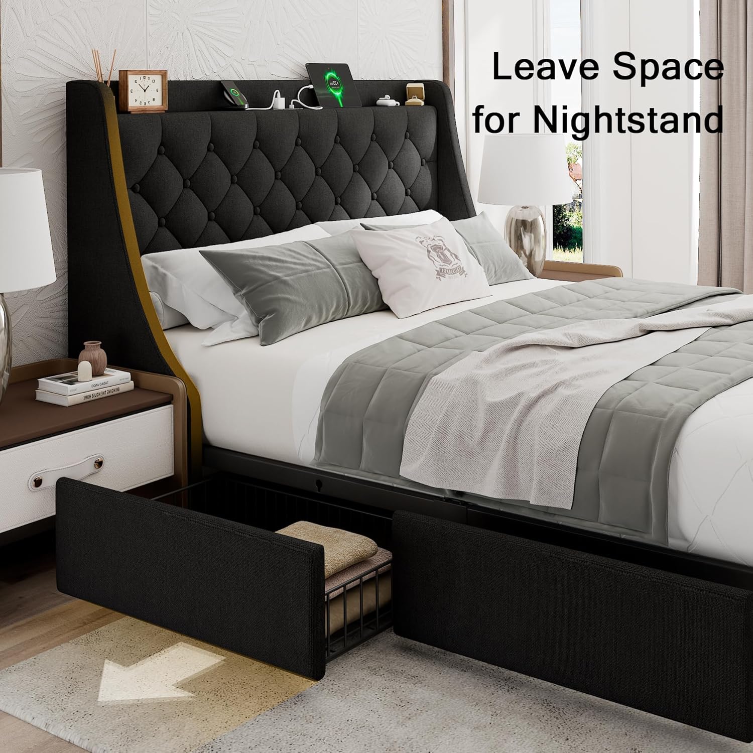 Queen Bed Frame with 4 Storage Drawers, Upholstered Modern Bed Frame with Wingback Headboard, Charging Station, No Box Spring Needed, Easy Assembly, Black