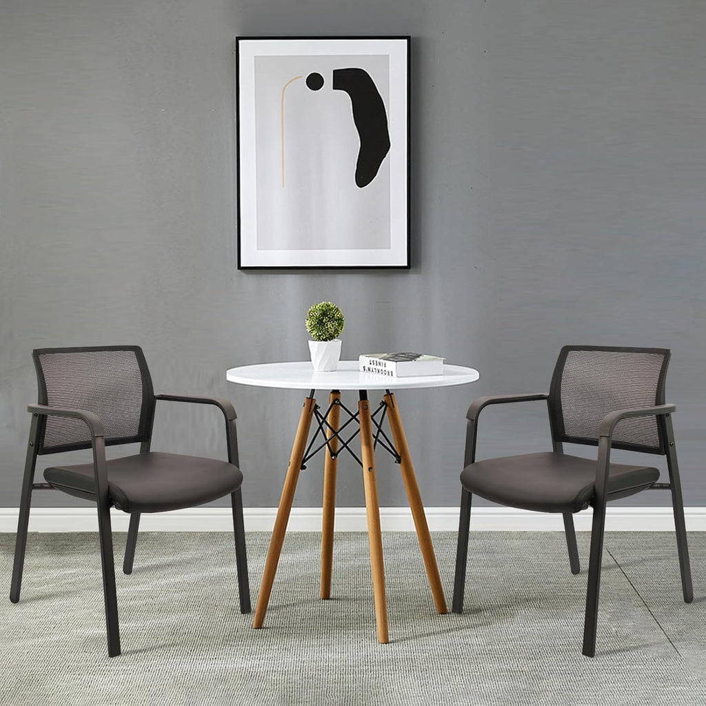 CLATINA Stackable Office Chair, Mesh Back Guest Chairs with Comfortable Leather Seat Arms Stacking Ergonomic Desk Chair No Wheels for Conference Waiting Reception School Stationary, Set of 4, Black