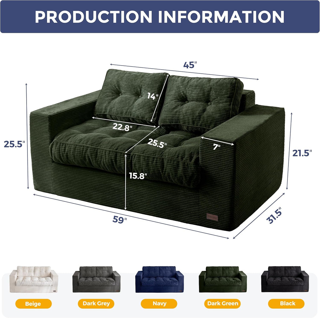 MAXYOYO Loveseat Sofa Couch for Living Room, Boneless Couch with Tufted Cushion & Backrest, Upholstered Floor Sofa for Adults, No Assembly Required, Dark Green