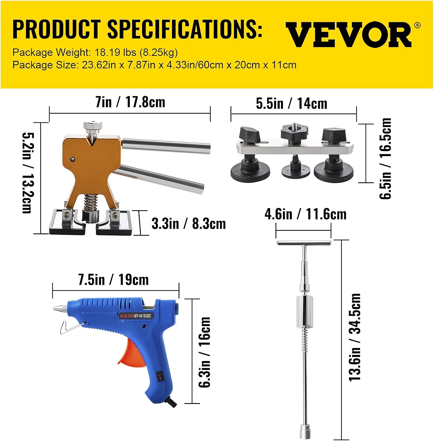VEVOR Dent Puller Kit, 89 PCS Paintless Dent Repair Kit with Remover Tools, Golden Lifter & Glue Tabs for Car Dents, Door Ding Repair