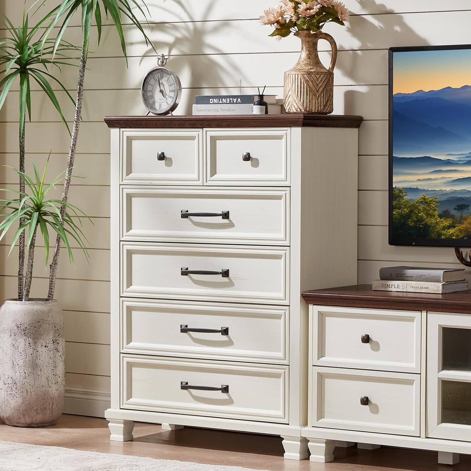 Farmhouse Bedroom Dresser and Nightstand Set of 4, 6 Drawer Tall & 5 Drawers Dresser & 2 Drawer Nightstand Set, Rustic Wood Furniture Set for Bedroom, Hallway, White