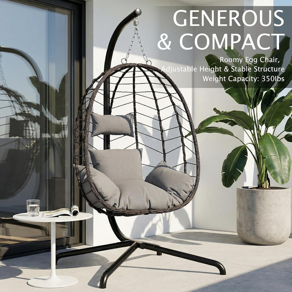 LEX CRAFT Hanging Egg Chair with Stand, Swinging Egg Chair Outdoor Indoor, Hanging Basket Chair with Cushion, Patio Wicker Hammock Chair 350lbs Capacity for Porch, Balcony, Backyard, Garden (Grey1)