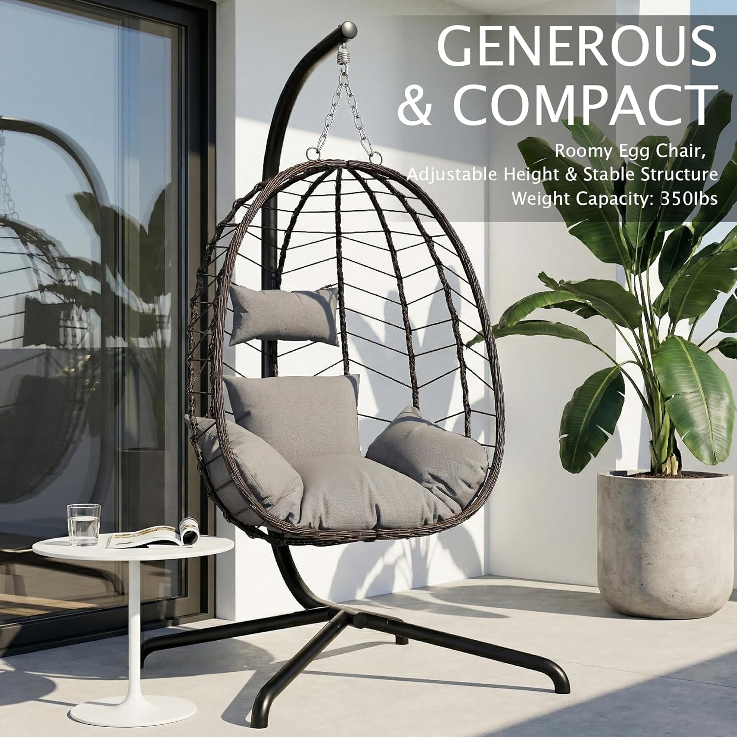 LEX CRAFT Hanging Egg Chair with Stand, Swinging Egg Chair Outdoor Indoor, Hanging Basket Chair with Cushion, Patio Wicker Hammock Chair 350lbs Capacity for Porch, Balcony, Backyard, Garden (Grey1)