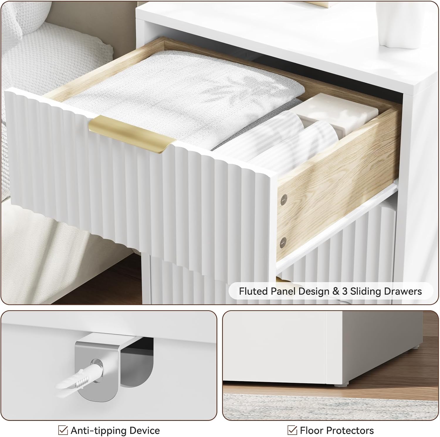 9 Drawer Fluted Dresser & Nightstand Set 3-Piece, 63” Long Dresser and Night Stand Set of 2, Fluted Modern Wood Chest of Drawers Storage Dressers Set for Bedroom, White