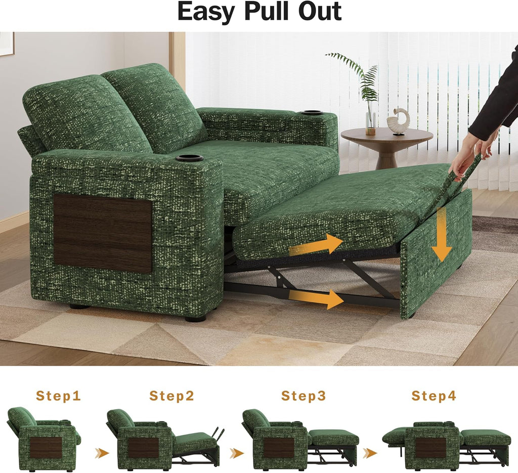 Vipbear 65" Loveseat Sleeper Sofa with Pull Out Bed, Chenille 3-in-1 Convertible Sofa Bed with Reclining Backrest|USB Ports|Cup Holders|Side Table|Storage Armrests, Tool Free Assembly, Green
