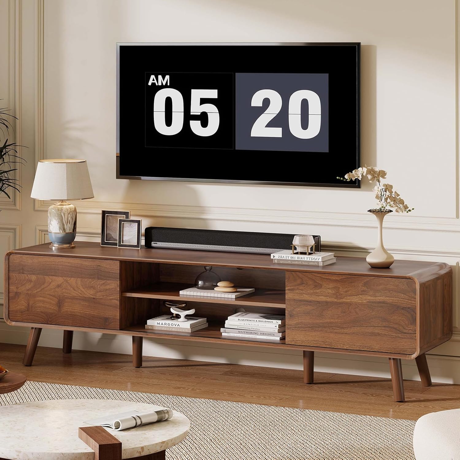 70" Mid Century Modern TV Stand for Tvs up to 80", Entertainment Center with Storage, Sideboard Media Console for Living Room with 2 Sliding Door/Adjustable Shelves, Walnut