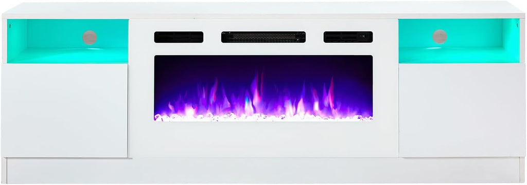 AMERLIFE TV Stand with Fireplace, LED Light Entertainment Center with 36" Electric Fireplace, 70" Modern Wood Entertainment Stand with Highlight Storage Cabinet for TVs up to 80", White