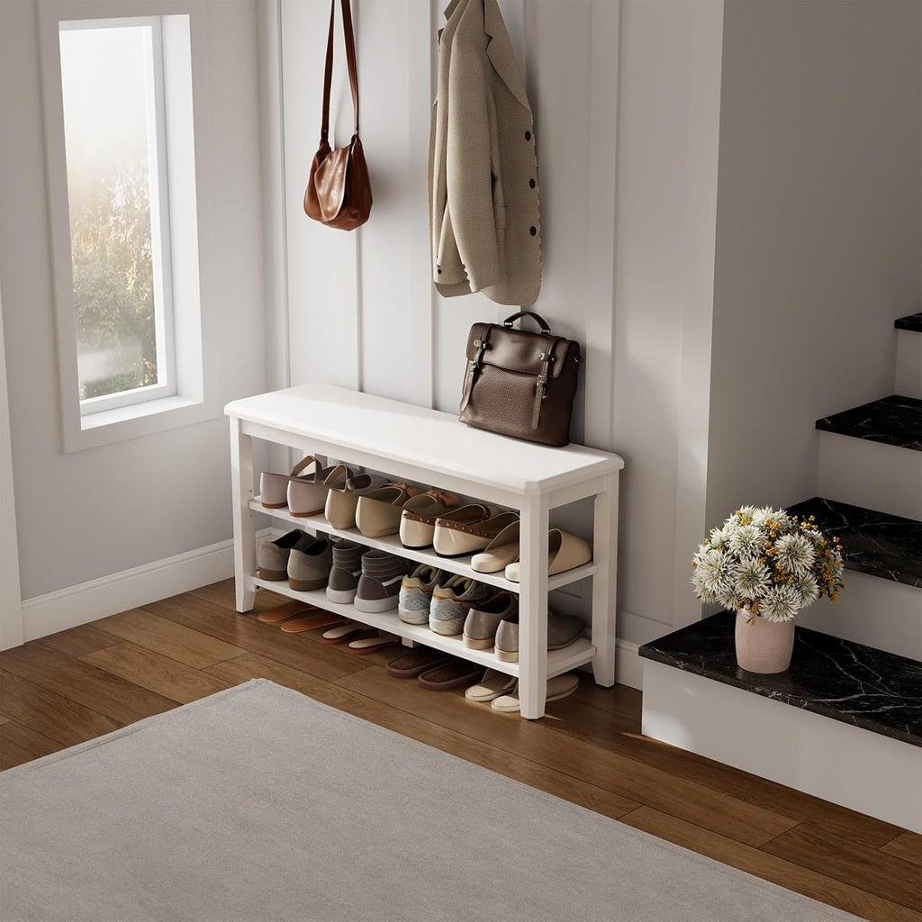 AQIMUELE Wood Shoe Rack Bench for Entryway, 2 Tier Shoe Rack for Front Door Entrance, Shoe Bench with Shoe Storage for Entryway, Bedroom, 39.4"