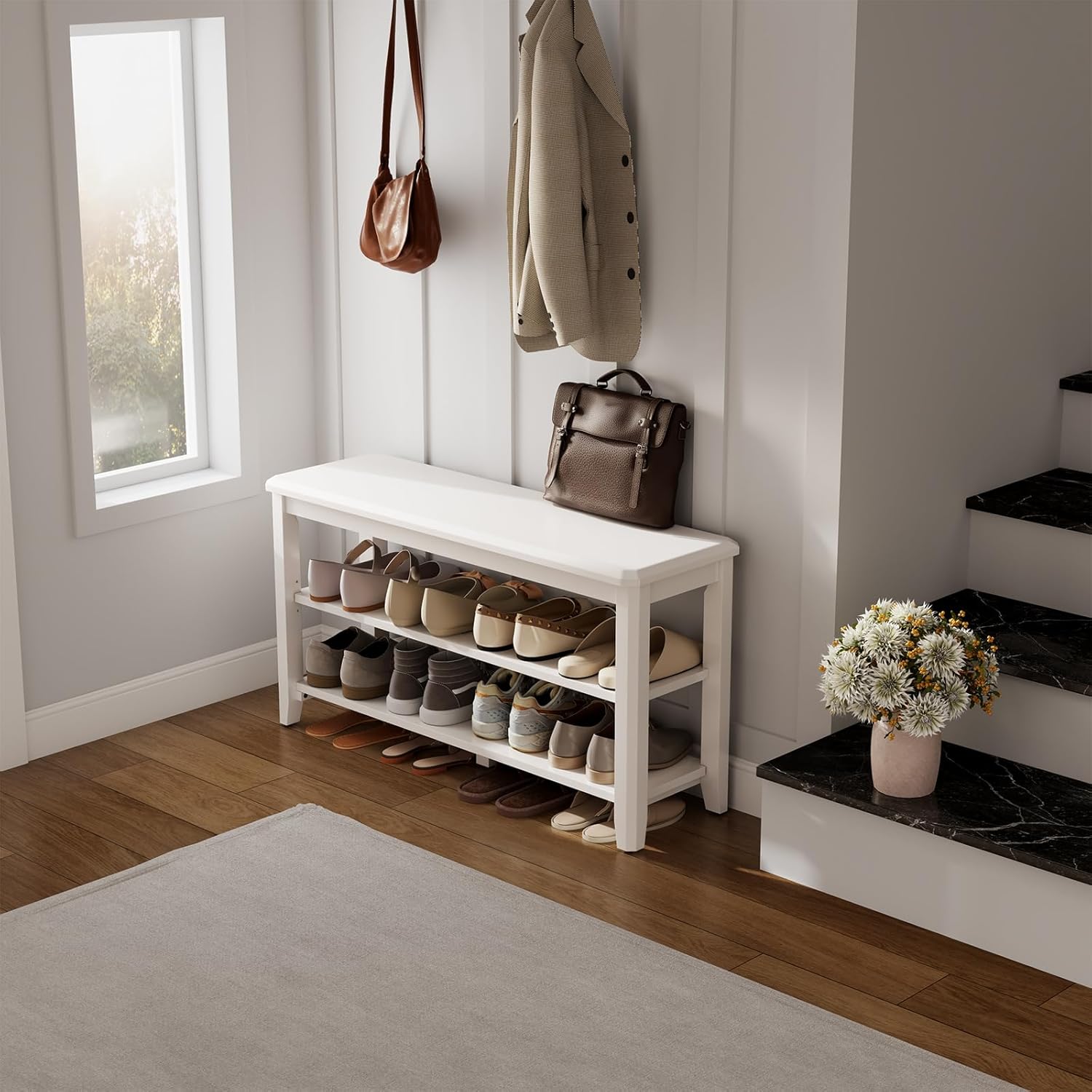 AQIMUELE Wood Shoe Rack Bench for Entryway, 2 Tier Shoe Rack for Front Door Entrance, Shoe Bench with Shoe Storage for Entryway, Bedroom, 39.4"