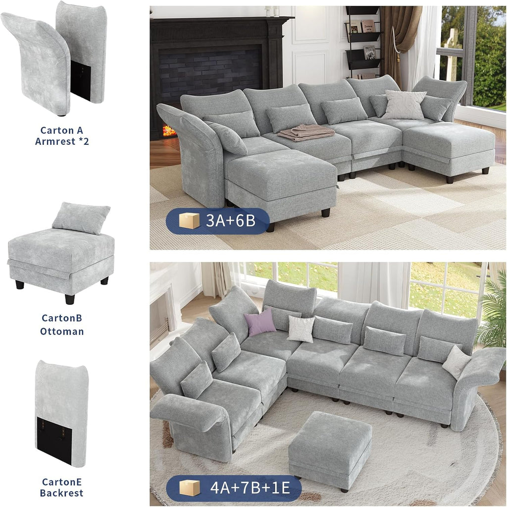 LLappuil 154" Oversized Modular Sectional Sofa with Storage 9 Seat U Shaped Sectional Couches for Living Room with Adjustable Arms Backs, Convertible to L Shape/U Shape/Sleeper Sofa, Grey Chenille