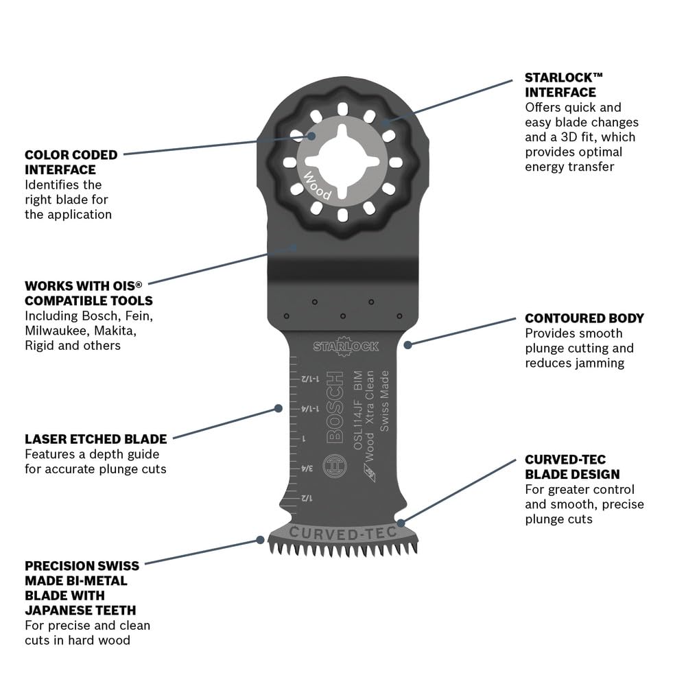 BOSCH 1-1/4 in. OSL114JF-10 Starlock Oscillating Multi-Tool Bi-Metal Blade 10-Pack - Professional Swiss-Made Precision, 3D Interface Design, Universal Tool Compatibility for Clean Cuts in Hard Wood