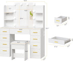 BEWISHOME Makeup Vanity Desk with Mirror and Lights White Vanity Table with Glass Top Power Outlet Stool,Makeup Desk with 9 Drawers and 4 Storage Shelves,Dressing Table for Bedroom Women FST39W