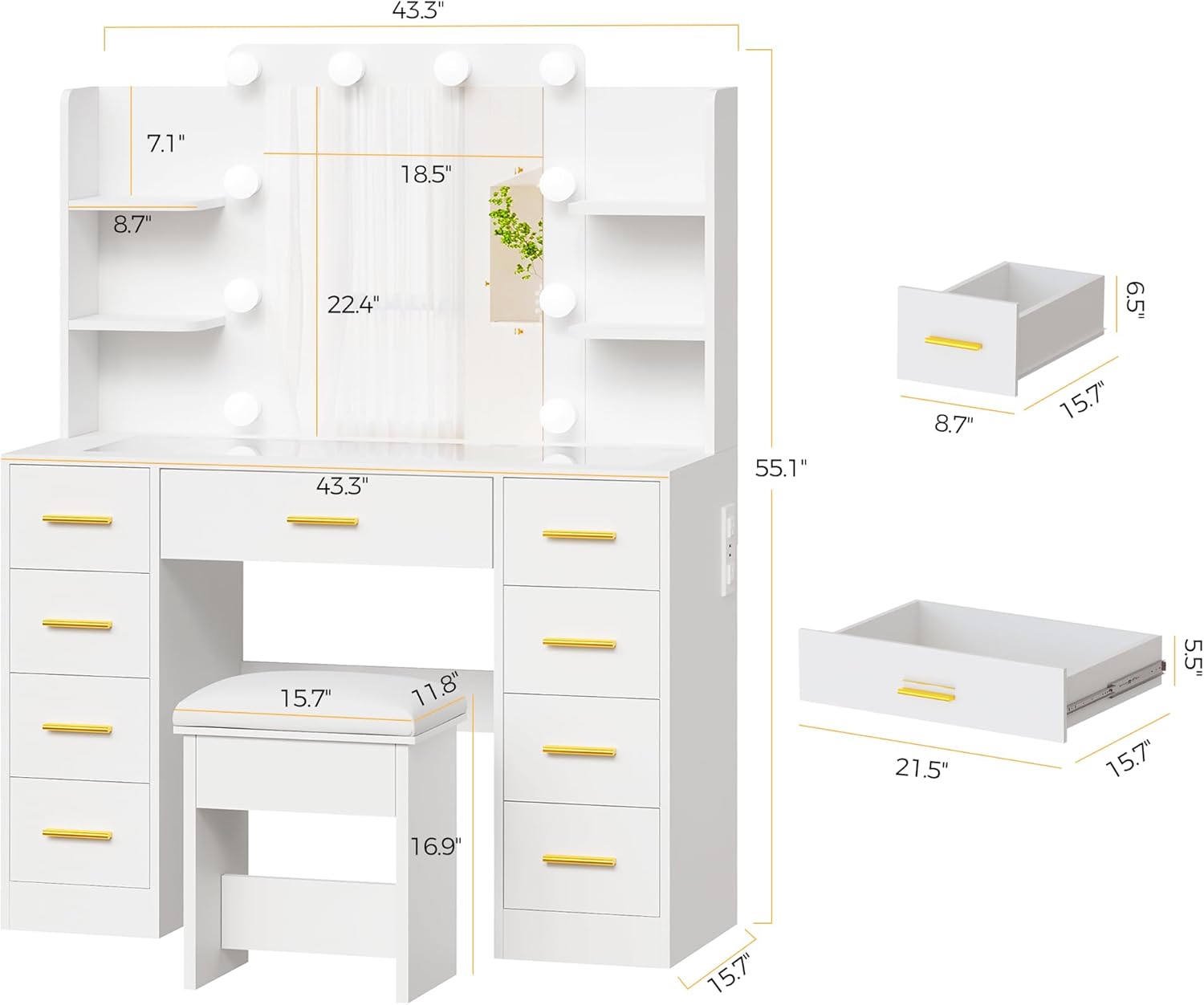 BEWISHOME Makeup Vanity Desk with Mirror and Lights White Vanity Table with Glass Top Power Outlet Stool,Makeup Desk with 9 Drawers and 4 Storage Shelves,Dressing Table for Bedroom Women FST39W
