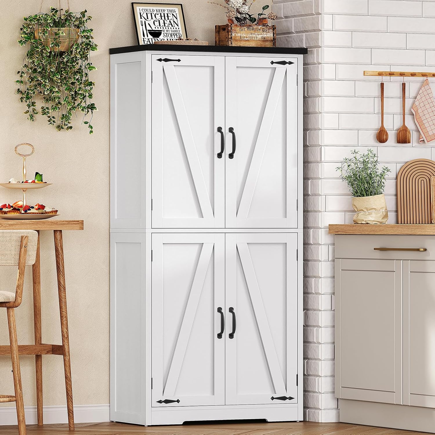 TEENFON 58" H Storage Cabinet with Adjustable Shelf, Farmhouse Kitchen Pantry Cabinet, Bathroom Cabinet with 4 Doors, Cupboard for Kitchen, Bathroom, Living Room, White