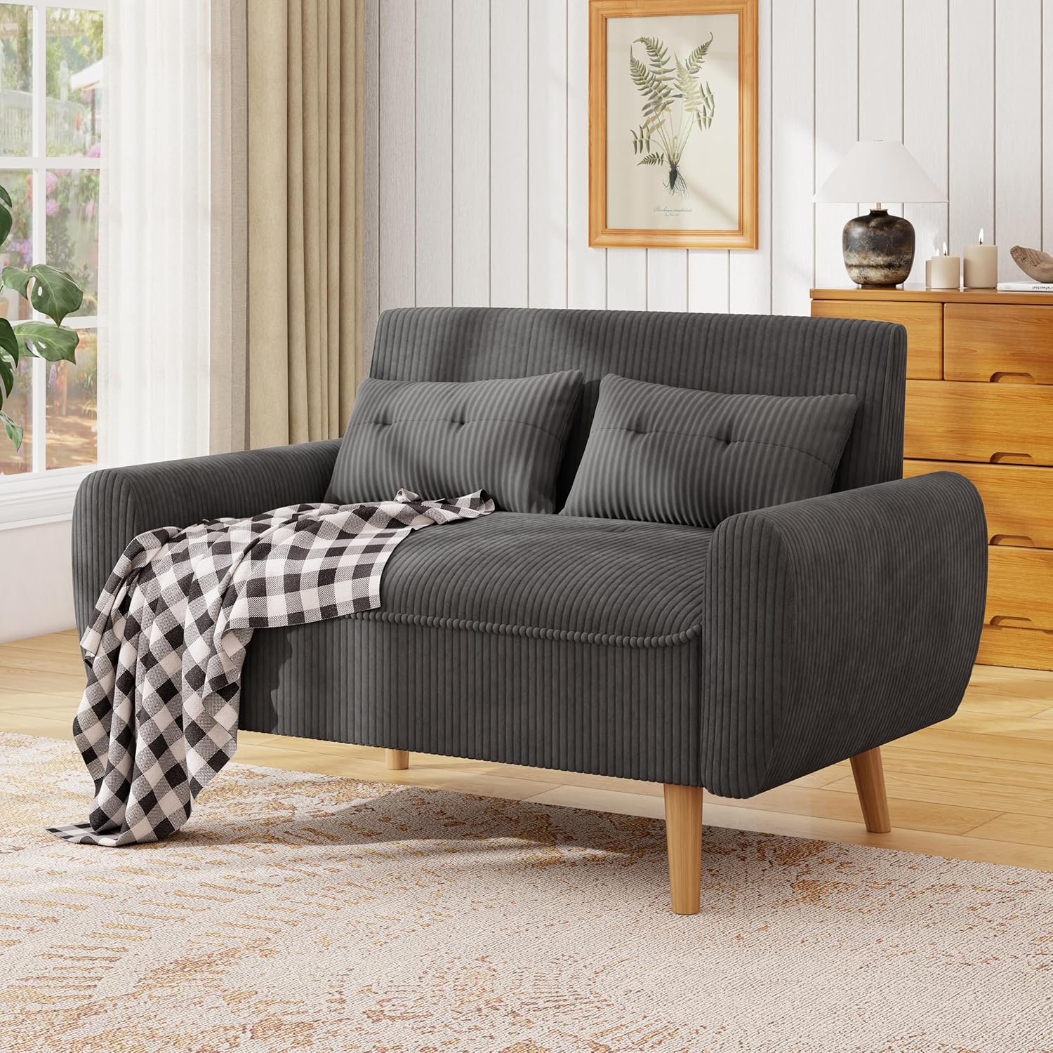 JAMFLY 47'' Small Loveseat Sofa, 2 Seat Compact Couch with Tapered Legs, Dark Grey Upholstered Furniture, Solid Wood Frame, Comfy Foam Cushion, Easy Assembly for Small Spaces