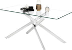 Modern Dining Table for 6 People, 60" Rectangle Dining Room Table with Silver Chrome Metal X-Base, Rectangular Tempered Glass Dining Table, Kitchen Dining Room Tables Luxury Dinner Table