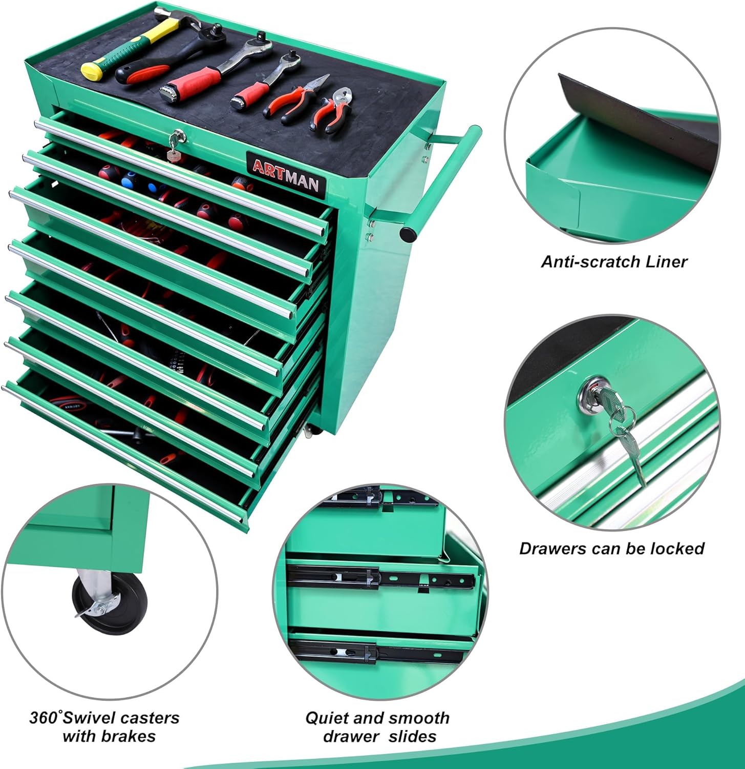 7 Drawers Rolling Tool Cart on Wheels, Multifunctional Organizer Tool Chest Tool Case, Trolley Tool Storage Tool Box for Workshop,Garage,Repair Shop (7 Drawers 24.2" W×12.9" D×29.9" H-Green)