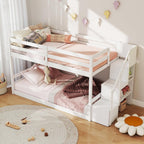 KOMFOTT Wood Twin Over Twin Low Bunk Bed with Storage Staircase, Wooden Bunk Bed Frame with Full-Length Guardrails, Low Profile Kids Bed with Slats Support, No Box Spring Needed (White)