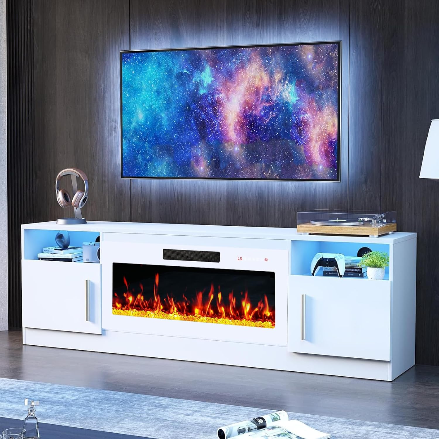 Fireplace TV Stand with 36" Fireplace Up to 80" TVs,70" Entertainment Center with LED Lights,Remote Control,TV Media Console with Storage Cabinets for Living Room, White+White