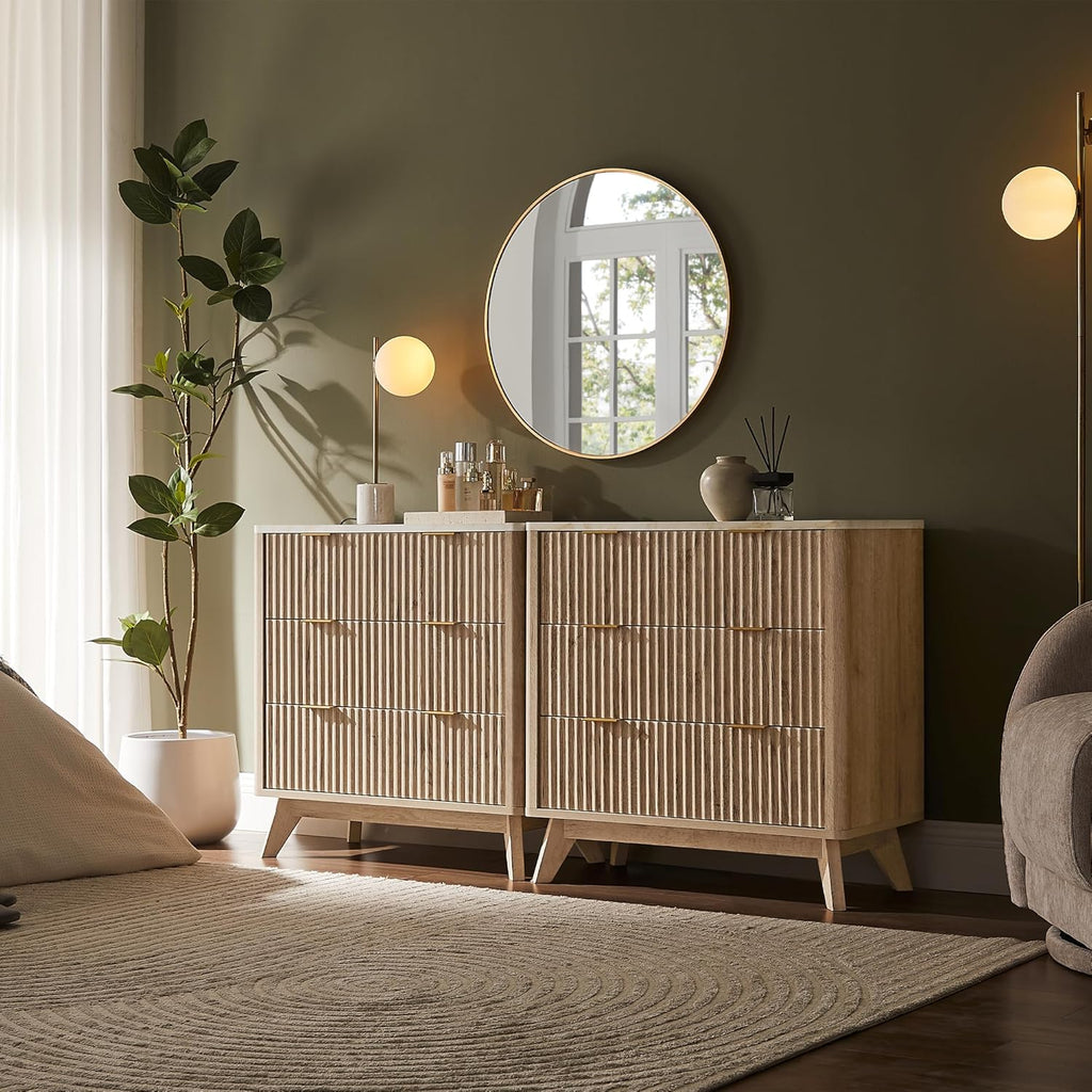T4TREAM Set of 2 Fluted 3 Drawer Dresser, 32" Tall Modern Chest of Drawers with Faux Marble Top, Curved Profile Design, Wood Organizer for Bedroom, Living Room, Hallway, Entryway, Natural Oak