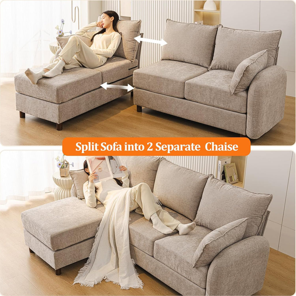 86'' Sectional Couches, L Shaped Couch with Movable Chaise Lounge,Comfy 3 Seats Sofa with Thick Cushion,Wood Legs,2 Throw Pillows,Sectional for Living Room,Bedroom,Apartment,Chenille,Khaki