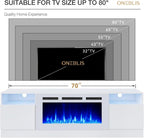 70" Fireplace TV Stand, LED Light Entertainment Center for TVs Up to 80", High-Gloss Door, Modern TV Console for Living Room with Storage Cabinet, White+White