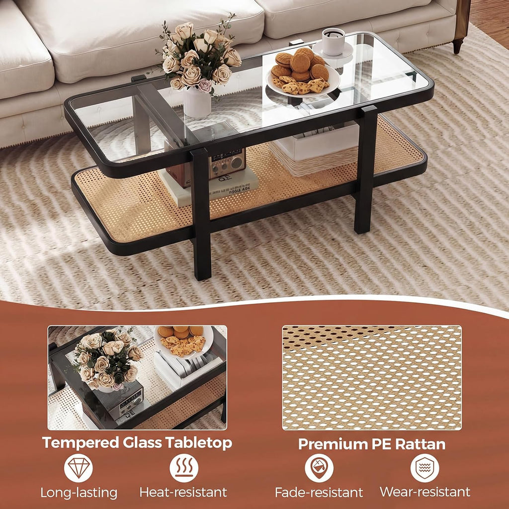 Giantex Rattan Coffee Table, 47.5" Rectangle Solid Wood Tea Table w/Tempered Glass Tabletop, Rattan Storage Shelf, 2-Tier Boho Coffee Tables, Farmhouse Center Table for Living Room (Black)