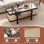 Giantex Rattan Coffee Table, 47.5" Rectangle Solid Wood Tea Table w/Tempered Glass Tabletop, Rattan Storage Shelf, 2-Tier Boho Coffee Tables, Farmhouse Center Table for Living Room (Black)