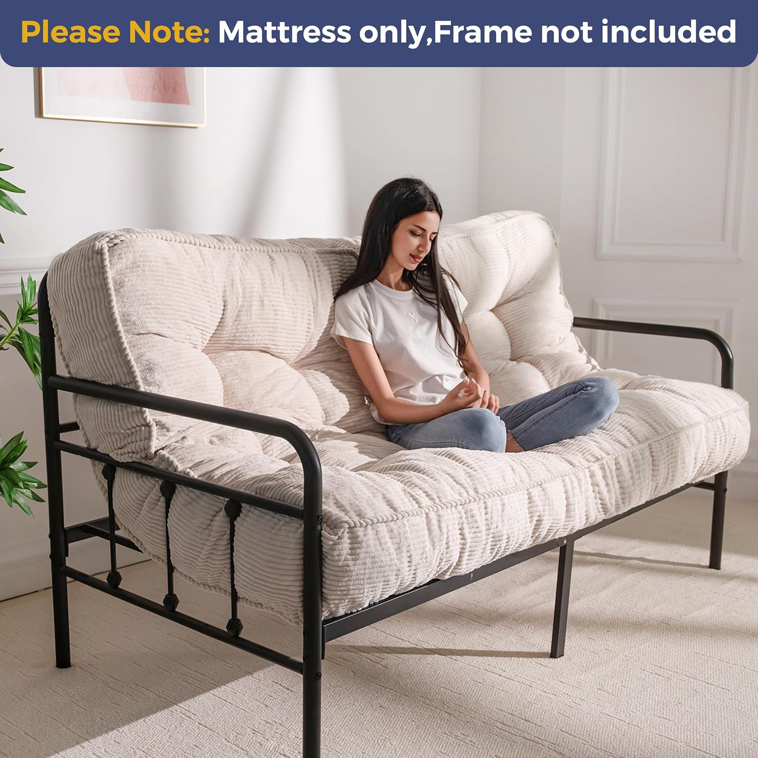 MAXYOYO 8" Futon Mattress Full Size, Ultra Thick Futons Sofa Couch Tufted Sleeper Sofa MAt, Floor Mattress for Adults, Shredded Foam Filling (Frame Not Included), Beige