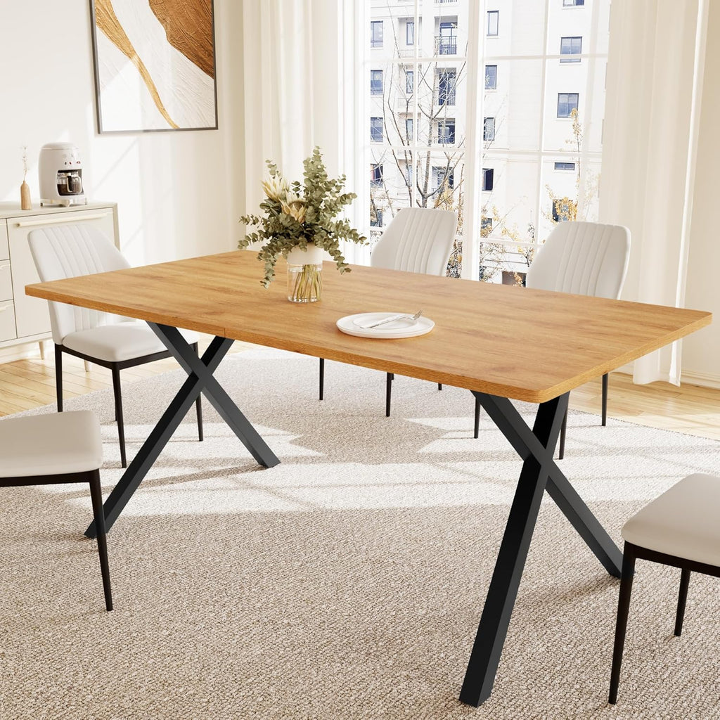 HIPIHOM 5-Piece Dining Table Set for 4-6 People, 63" MDF Kitchen Table with 4 Upholstered Chairs, Metal Legs for Dining Room, Kitchen(Oak Table+4 White Chairs)