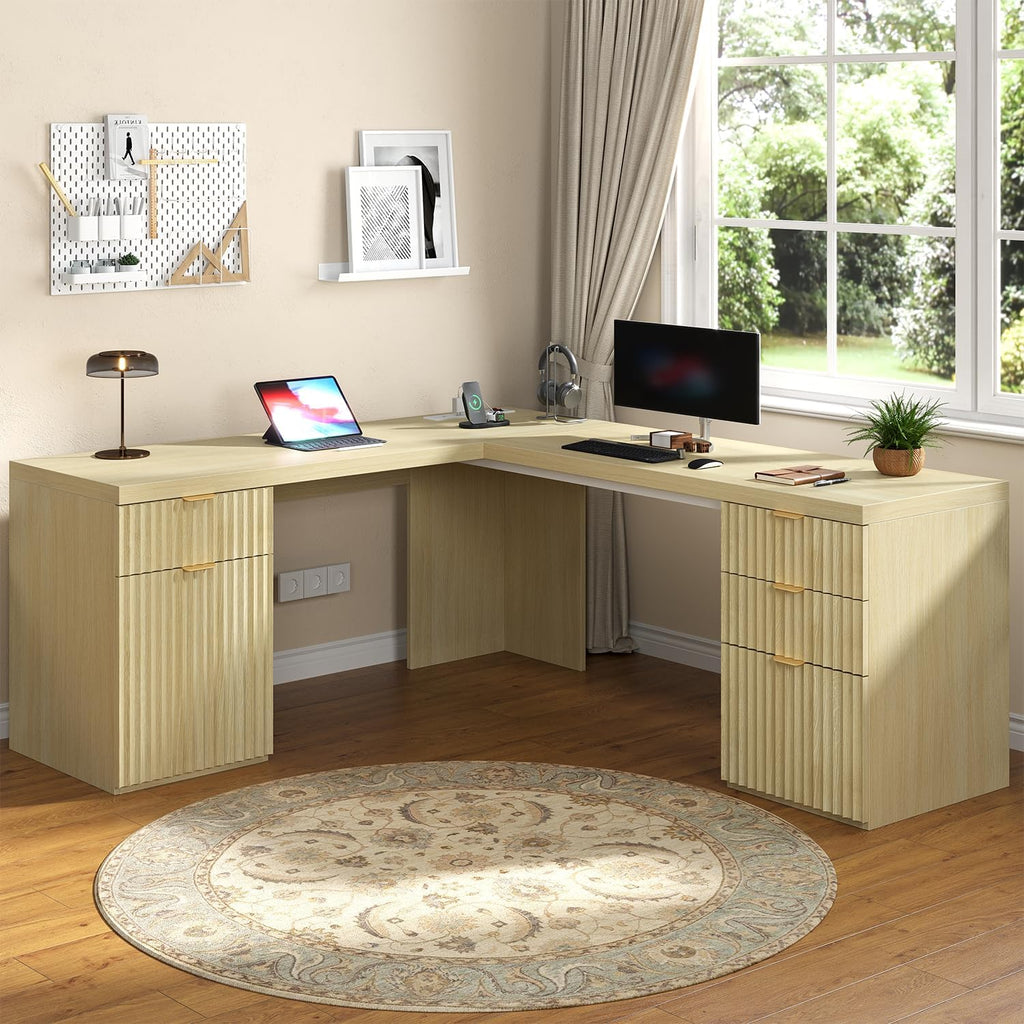 69" Modern L Shaped Executive Desk with Charging Station & File Drawer, Fluted Wood Home Office Corner Desk with Storage Drawers and Cabinet, Large Corner Computer Desk Writing Desk, Natural Oak