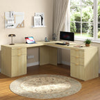 69" Modern L Shaped Executive Desk with Charging Station & File Drawer, Fluted Wood Home Office Corner Desk with Storage Drawers and Cabinet, Large Corner Computer Desk Writing Desk, Natural Oak