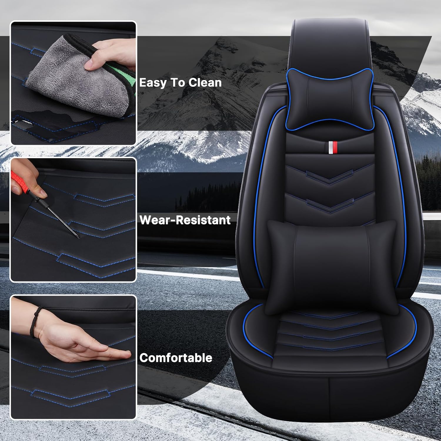 Car Seat Cover 6 Seats for Ford Explorer 2000-2025, Waterproof Durable Premium Leather Car Seat Protector, Comfortable Anti-Slip Stylish Sport Seat Cover(6 Seats Luxury,Black Blue)