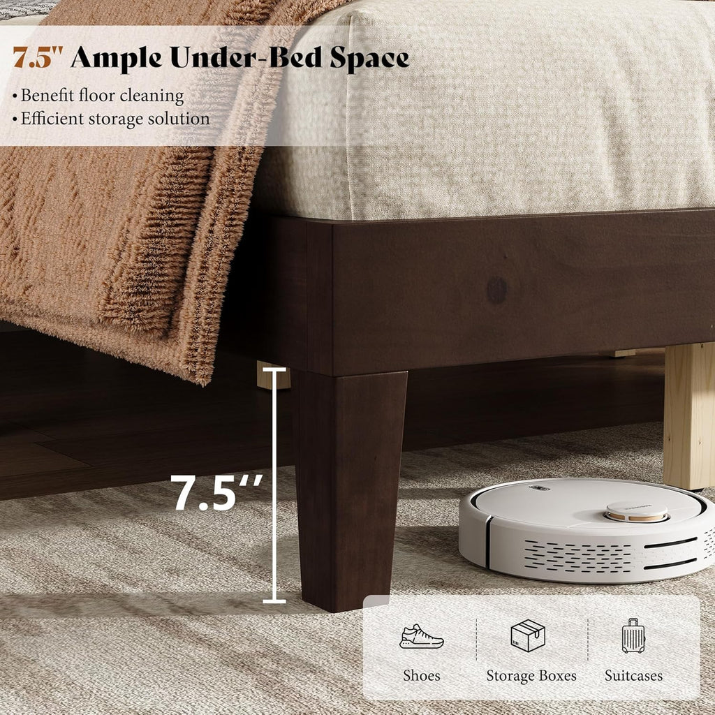 AMERLIFE Queen Sizes Solid Wood Bed Frame with 48" Headboard, Mid Century Modern Platform Bed with Silent Wood Slat System, No Box Spring Needed, Under-Bed Storage, Walnut