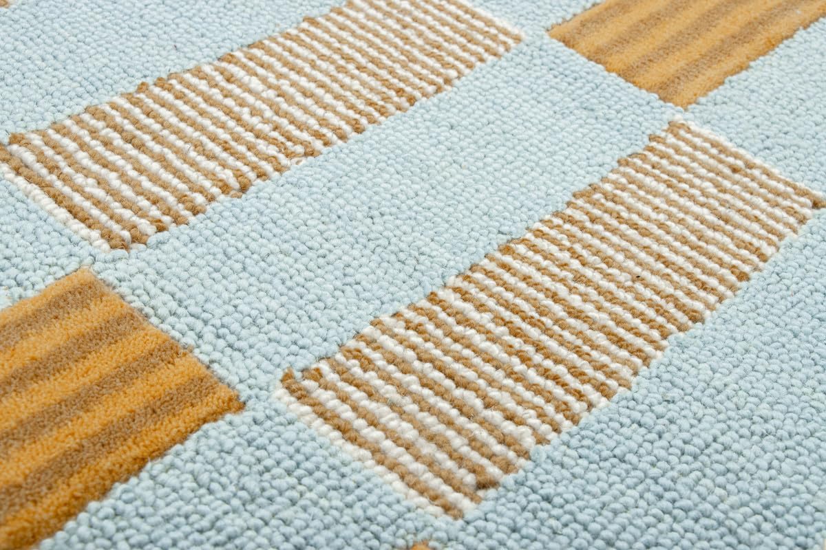 Checkered Hand-Tufted 100% Wool Area Rug - 5x8 Ft, Rectangular Light Blue Base with Mustard and Beige Blocks, Olive Green Scalloped Edge, Cotton Backing Plush Carpet for Bedroom & Nursery