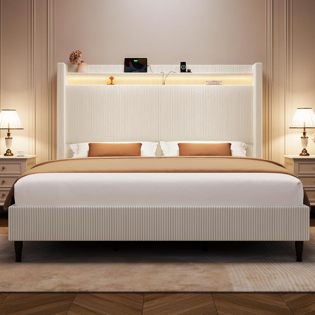 King Size Bed Frame with Tall Headboard, 55.3" Upholstered Platform King Bed Frame, Elegant Corduroy Wingback Bed with LED Lights & Charging Station, No Box Spring Needed, Solid Wood Slats, Cream