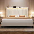 King Size Bed Frame with Tall Headboard, 55.3" Upholstered Platform King Bed Frame, Elegant Corduroy Wingback Bed with LED Lights & Charging Station, No Box Spring Needed, Solid Wood Slats, Cream