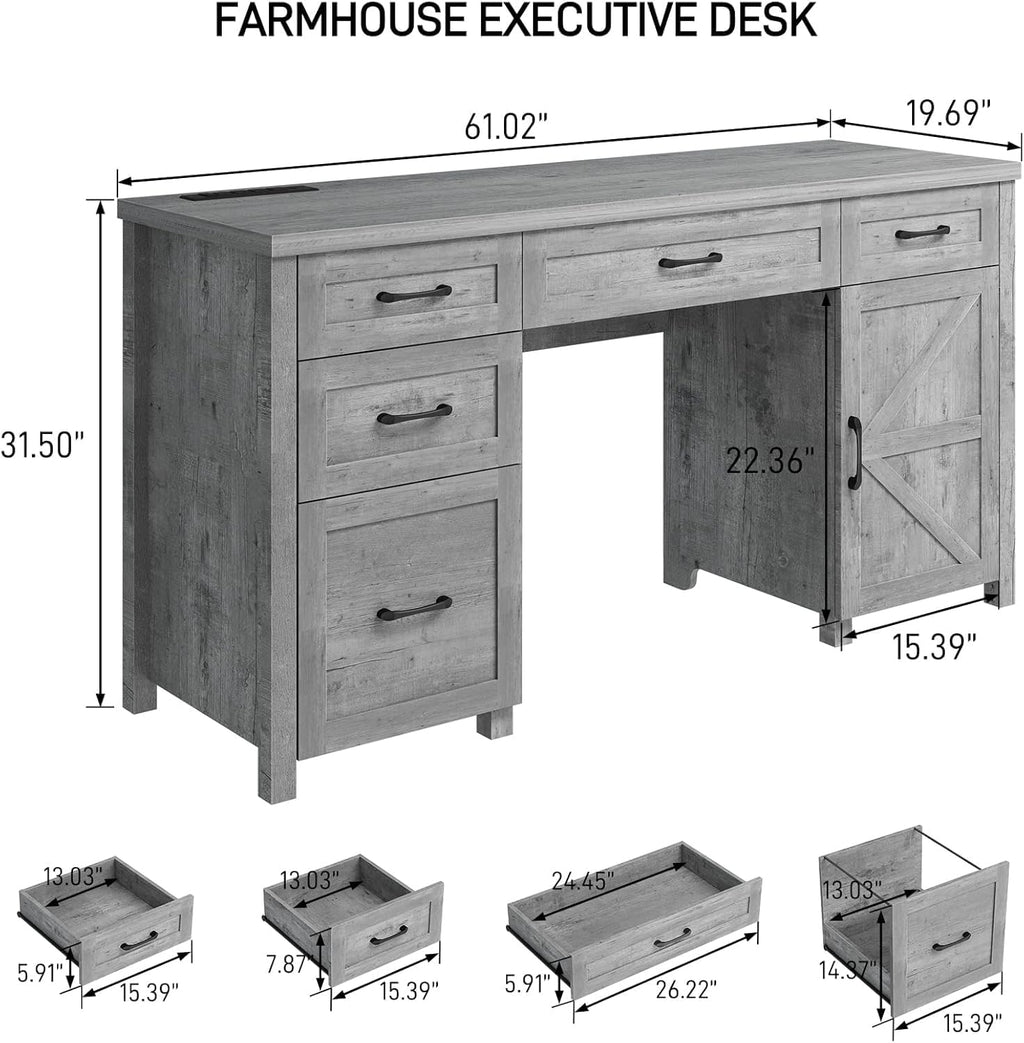 Vabches Farmhouse 61'' Executive Desk with 5 Drawers, Rustic Office Desk Computer Desk with Charging Station, File Drawers and Storage Cabinet, Wood Workstation for Home Office and Study,Grey.