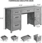 Vabches Farmhouse 61'' Executive Desk with 5 Drawers, Rustic Office Desk Computer Desk with Charging Station, File Drawers and Storage Cabinet, Wood Workstation for Home Office and Study,Grey.