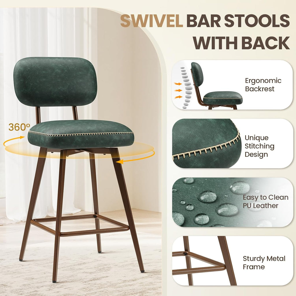 26“ Swivel Bar Stools Set of 4, Mid Century PU Leather Counter Height Bar Chairs with Low Back and Metal Legs, Modern Bar Stool Chair for Kitchen Island, Green