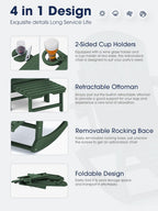 KINGYES Adirondack Rocking Chair with Retractable Ottoman and Cup Holders, HDPE Adirondack Rocker Patio Rocking Chair for Porch, Patio, Balcony, Dark Green