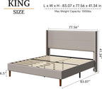 King Size Bed Frame, Linen Upholstered Platform with Wingback Headboard, Wooden Slats Support, No Box Spring Needed, Easy Assembly, Beige